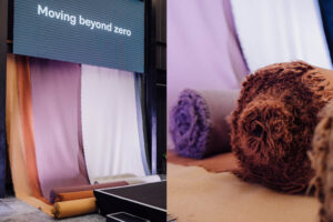 An image made up of two photos with the left side showing a range of wool rools hanging behind a large elevated screen, and the right side a close-up of the wool rools focusing on the bundles of fibres.